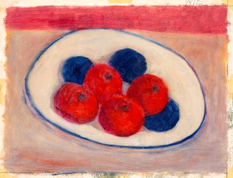 Study sketch of fruits on a plate, handmade painting with oil colors.