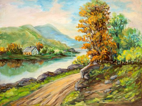 Impressionist style landscape oil painting depicting a rural scene.