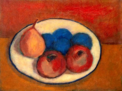 Study sketch of fruits on a plate, handmade painting with oil colors.