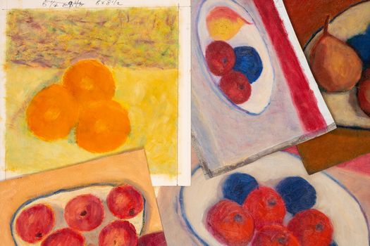 Muitple study sketches of fruits on a plate, handmade paintings with oil colors.