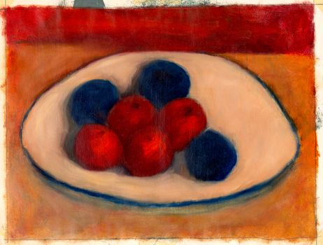 Study sketch of fruits on a plate, handmade painting with oil colors.