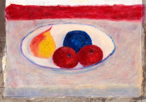 Study sketch of fruits on a plate, handmade painting with oil colors.