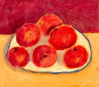 Study sketch of fruits on a plate, handmade painting with oil colors.