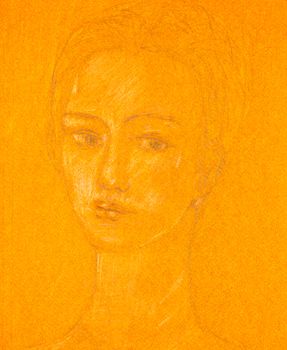 Pencil sketch on orange colored paper of a young woman’s portrait.