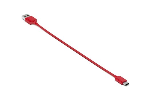 Red usb-c to usb-a cable on white background 