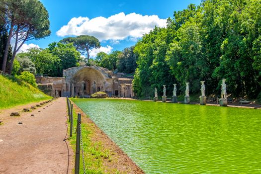 italian archaeological site Villa Adriana or Hadrians Villa in the Serapeo Canapeo or Canopus area pool and temple in Tivoli - Lazio - Italy .