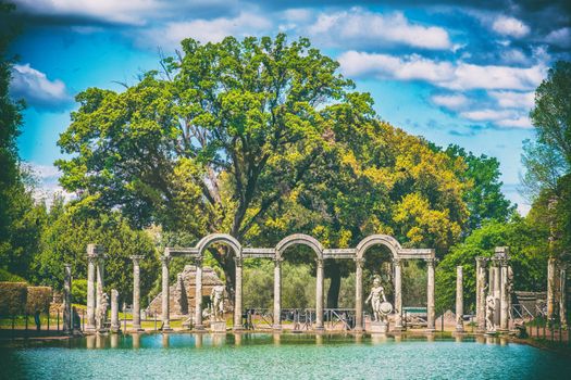 old fashioned film photographic shoot of Villa Adriana or Hadrians Villa in the Canopus area in Tivoli - Rome - Italy .