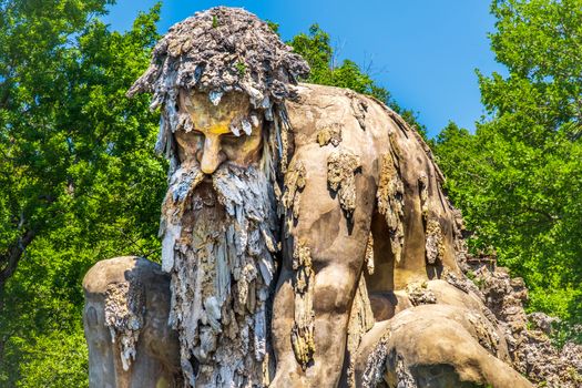 bearded man statue colossus of Appennino giant statue public gardens of Demidoff Florence Italy close up .