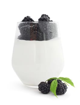 Yogurt and fresh berries blackberry studio isolated on white background