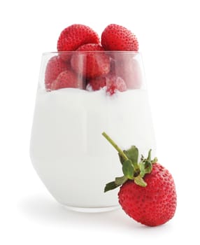 Yogurt and fresh berries strawberry studio isolated on white background
