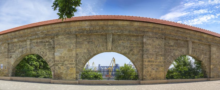 Odessa, Ukraine - 06.14.2019. Panoramic View of Quarantine arch and cargo harbor. Historical ruins, tourist attraction of the city of Odessa, Ukraine