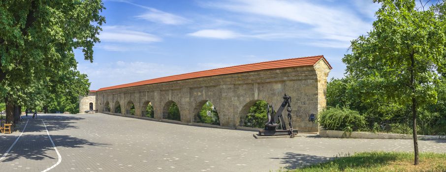 Odessa, Ukraine - 06.14.2019. Panoramic View of Quarantine arch and cargo harbor. Historical ruins, tourist attraction of the city of Odessa, Ukraine