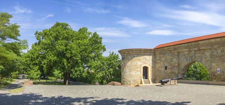 Odessa, Ukraine - 06.14.2019. Panoramic View of Quarantine arch and cargo harbor. Historical ruins, tourist attraction of the city of Odessa, Ukraine