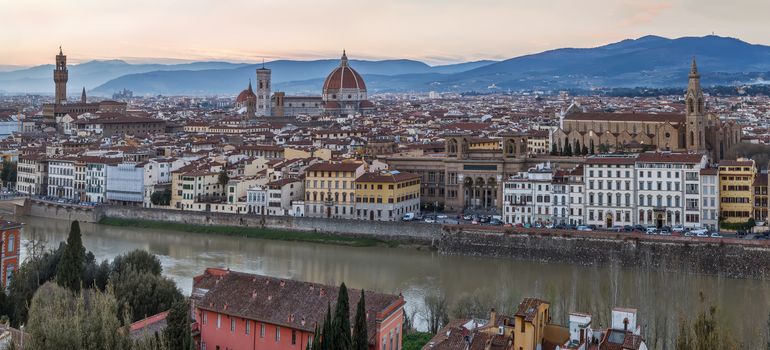 Panoramic view of Florence in evening from Michelangelo hill., Italy