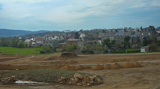 View from hill on small town Surdeval in Normandy France