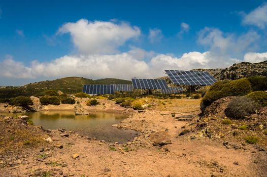 Solar farm in the mountains of Crete island in Greece