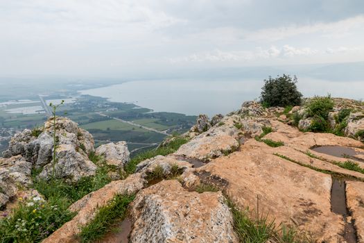 landscape of Arbel Cliff (Ancient Cave Fortress). National park. Low Galilee, Tiberius lake. Israel