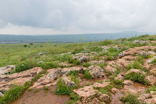 landscape of Arbel Cliff (Ancient Cave Fortress). National park. Low Galilee, Tiberius lake. Israel