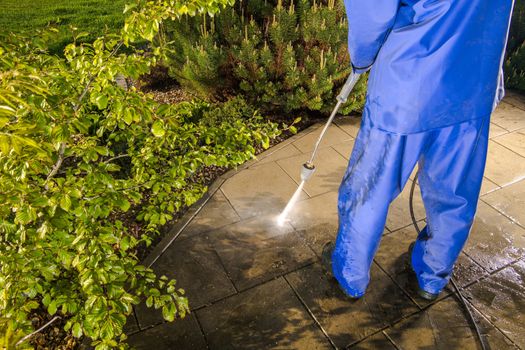 Power Washing Backyard Garden Paths. Pressure Washer Cleaning.