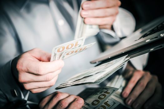 Businessman Counting Cash Money. United States Dollars. Office Worker Salary.