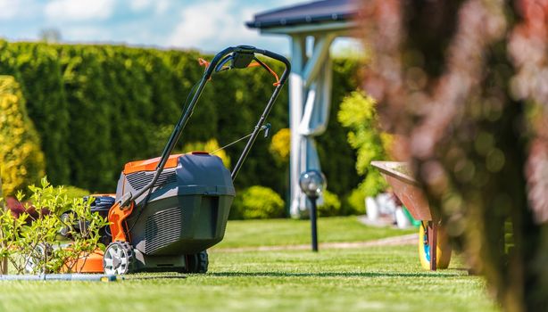 Backyard Summer Maintenance. Gasoline Grass Mower. Gardening Theme.