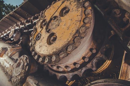 Bulldozer Caterpillar Track Closeup. Heavy Equipment Industrial Theme.