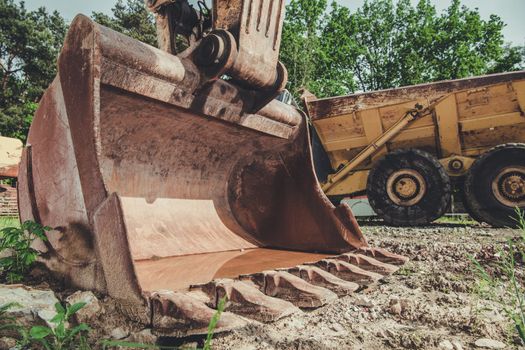 Heavy Duty Construction Equipment. Excavator Bucket. Industrial Theme.