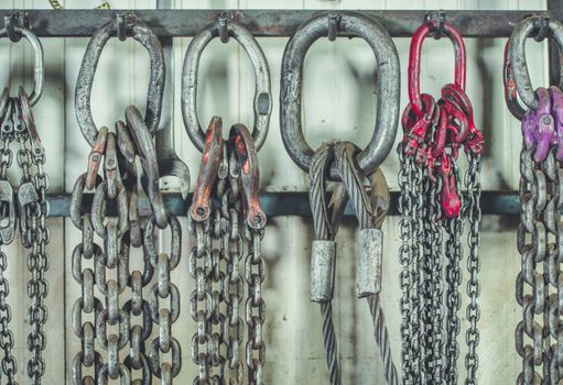 Heavy Duty Lifting and Pulling Chains Rack. Heavy Equipment Industrial Accessories.