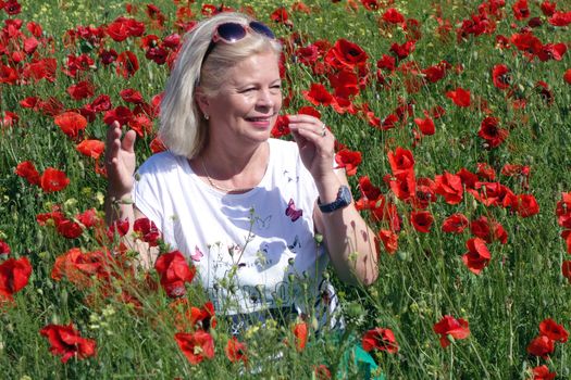 The Romanian Plain at the beginning of the summer.
Carpets poppy cover the wheat fields
A woman stopped to enjoy the image of the poppy in the fields of green wheat