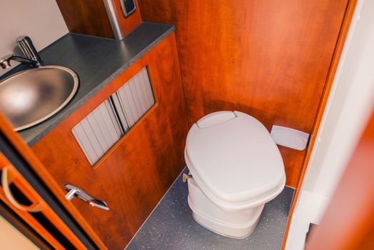 Elegant Camper RV Bathroom with Cassette Toilet. Rving in Style.