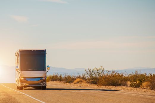 RV Motorcoach Road Trip. Class A Diesel Pusher on the California Deseret Highway. Travel in Style. United States of America.