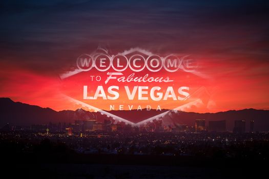 Welcome in the Las Vegas Concept Photo. Sunset, Cityscape and the Famous Strip Sign Overlay Composition.