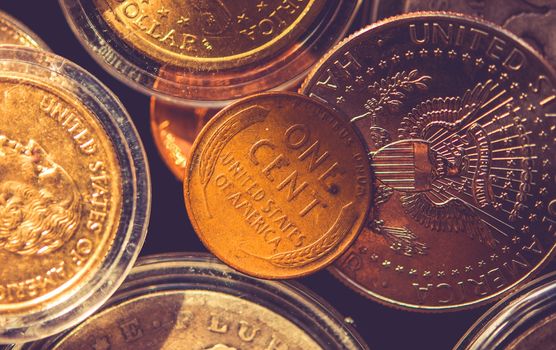 American One Cent Coin. Collectible Coins Closeup Photo. American Monetary System.