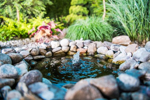 Garden Place Little Pond with Small Fountain. Gardening Theme.