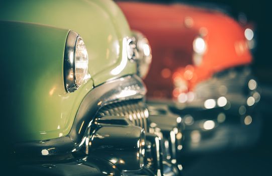 Classic Cars Auction. Row of Retro Vehicles Set For Sale. Automotive Industry. 