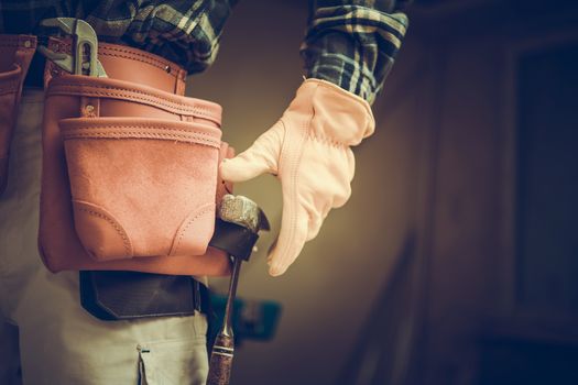 Construction Contractor Belt with Tools. Worker Ready For the Remodeling Job