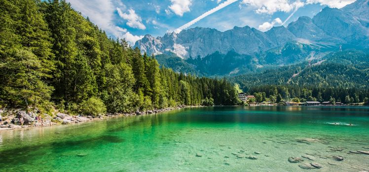 Scenic Bavarian Lake Eibsee, Germany, Europe. Panoramic Photo.