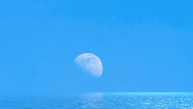 Moon over the blue wide sea with reflections