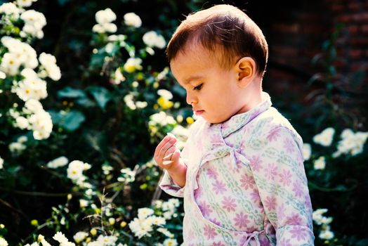 Baby boy wearing traditional Nepali daura bhoto plays with white flowers in garden