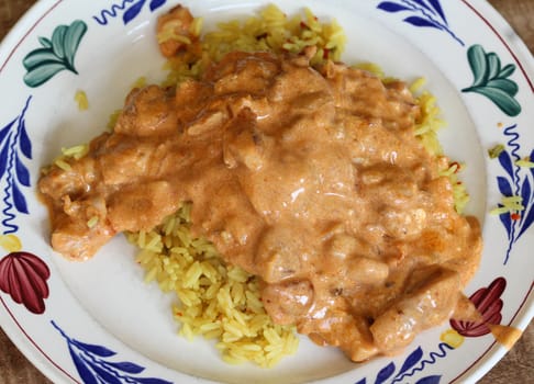 close up of tandoori sauce with yellow rice in kitchen