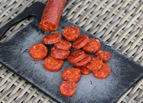 Close up of chorizo sausages on board