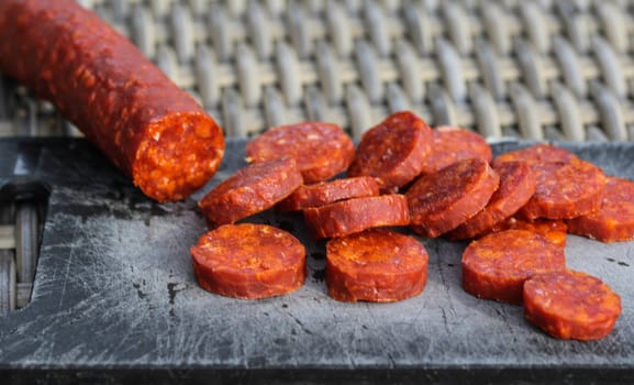 Close up of chorizo sausages on board