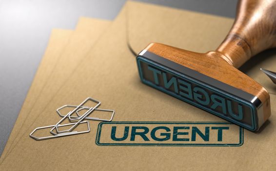 3D illustration of three envelopes and a rubber stamp with the word urgent stamped on the first one.