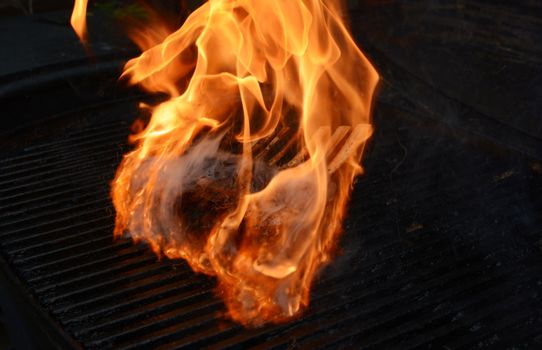 Rack of lamb engulfed in flames on a hot grill. Barbecuing meat for a summer meal.
