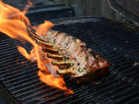 Large grilled rack of lamb over an open flame on a barbecue grill