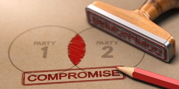 3D illustration of a rubber stamp with the word compromise printed on a brown paper with the text party one and two