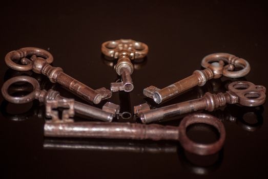 Six old rusty keys with reflections