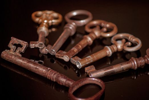 Six old rusty keys with reflections