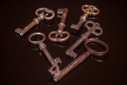 Six old rusty keys with reflections