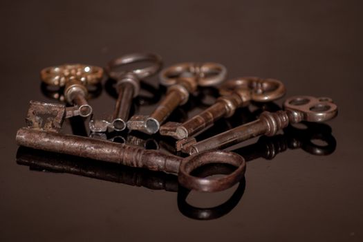 Six old rusty keys with reflections